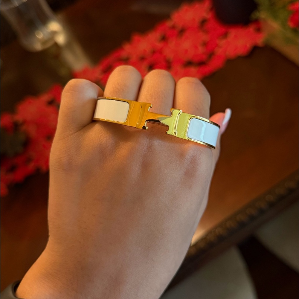 Hermes White and Gold Enamel Clic H Bracelet